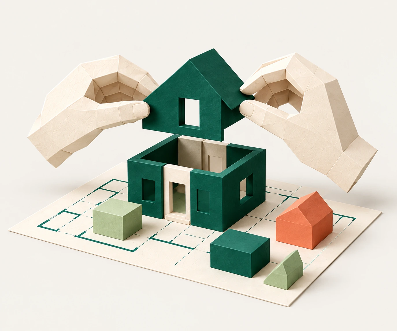 Manos ensamblando una casa de papel verde sobre un plano: una solución adaptada a cada operación.