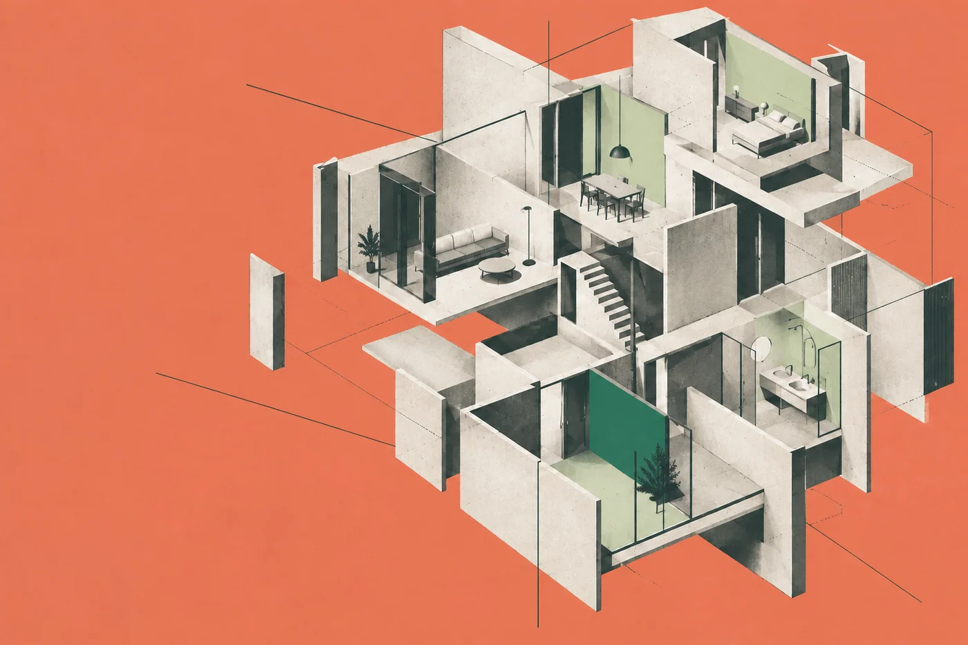 Un inmueble abierto en varios ambientes, ilustración de Vera en papel y tonos coral.